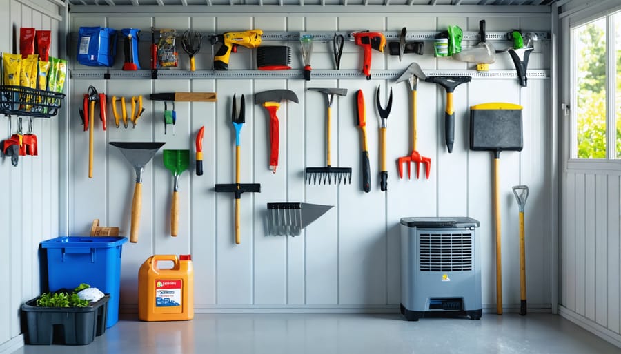 A tidy shed interior featuring organized garden tools mounted on the wall, with moisture absorbers visible, illustrating smart storage solutions to prevent rust.