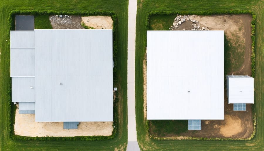Comparison of suitable and unsuitable locations for a 4x4 shed base, showing proper drainage areas