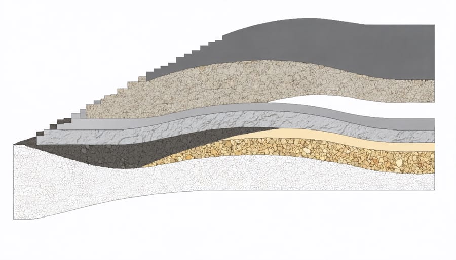 Layered diagram showing components of a waterproof shed base construction