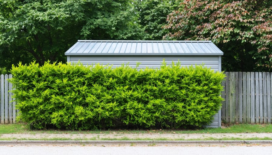 Protective landscaping featuring thorny bushes and security fencing around garden shed