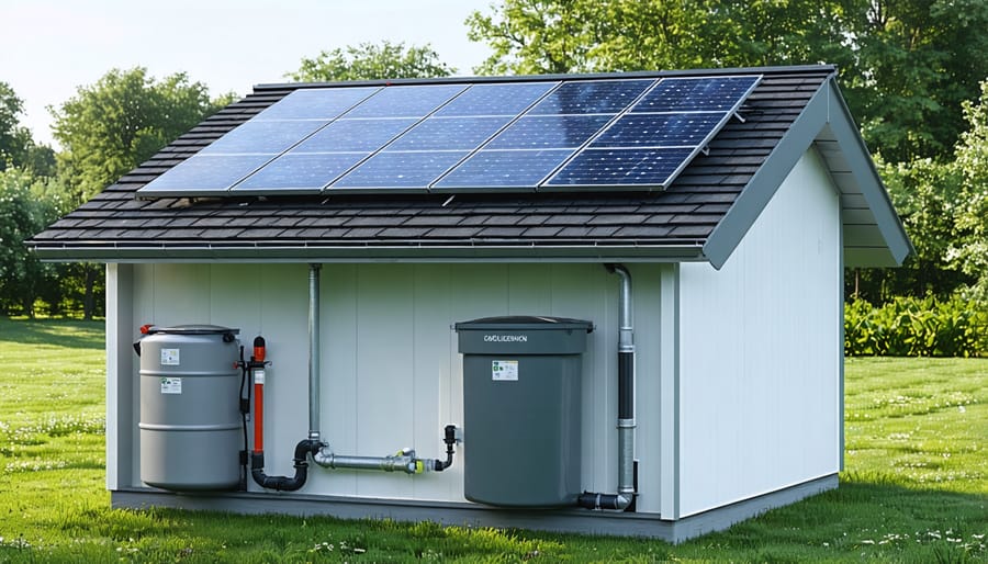 Lean-to shed featuring rainwater harvesting system and solar panel installation