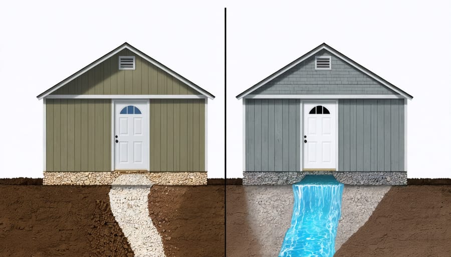 A comparison of two shed foundations; one with proper drainage and a stable gravel base, the other with water pooling and soil erosion issues.