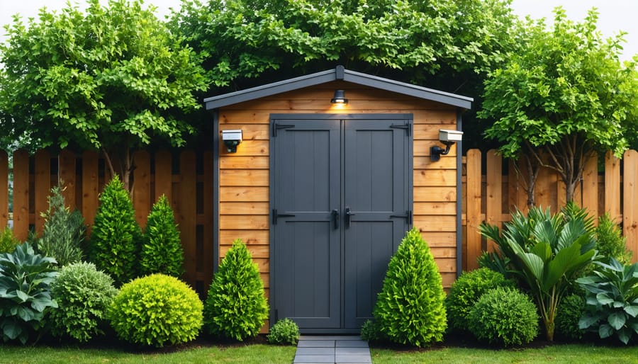 Conceptual illustration of a well-secured shed with thorny shrubs, sturdy fencing, motion-activated lighting, and a smart security camera showcasing a robust perimeter defense system.