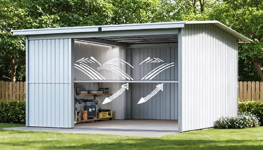 Illustration depicting a shed with a transparent roof, highlighting various ventilation components like ridge and soffit vents with arrows demonstrating airflow patterns in a garden setting.