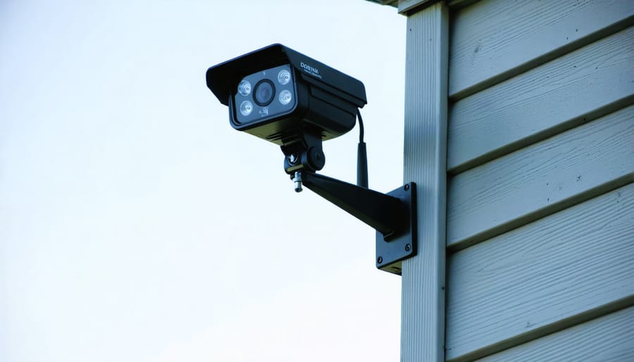 Security camera and LED floodlight installation on exterior shed wall