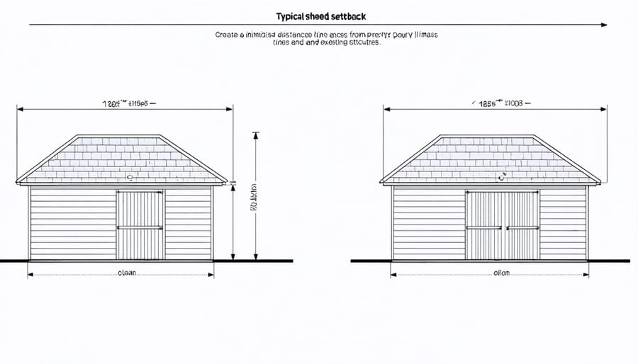 Aerial view illustration of a residential property showing minimum required distances between shed, property lines, and house