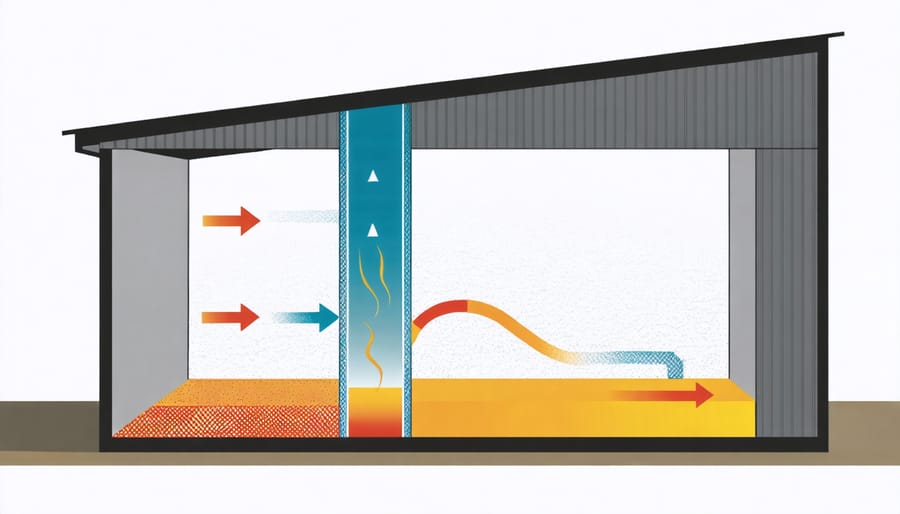 Diagram illustrating natural airflow patterns in a ventilated shed roof system
