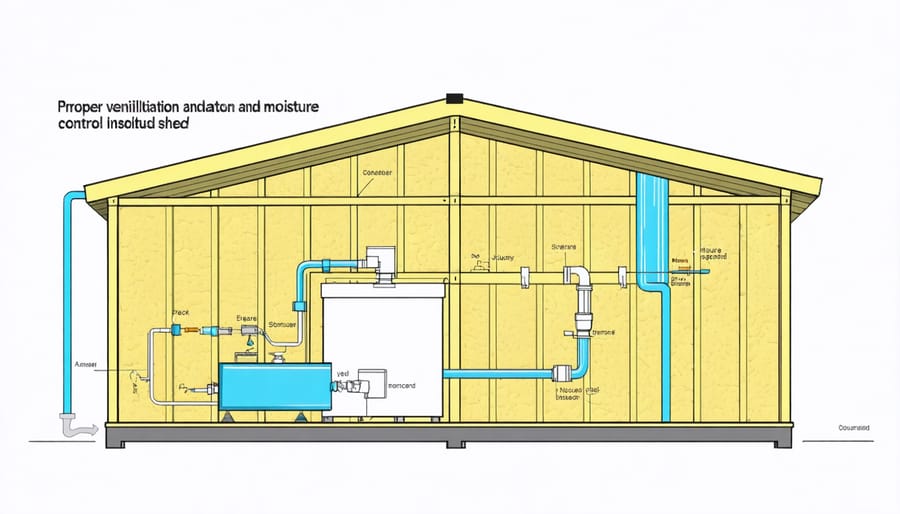 Cross-section diagram of shed showing airflow patterns and moisture barrier placement
