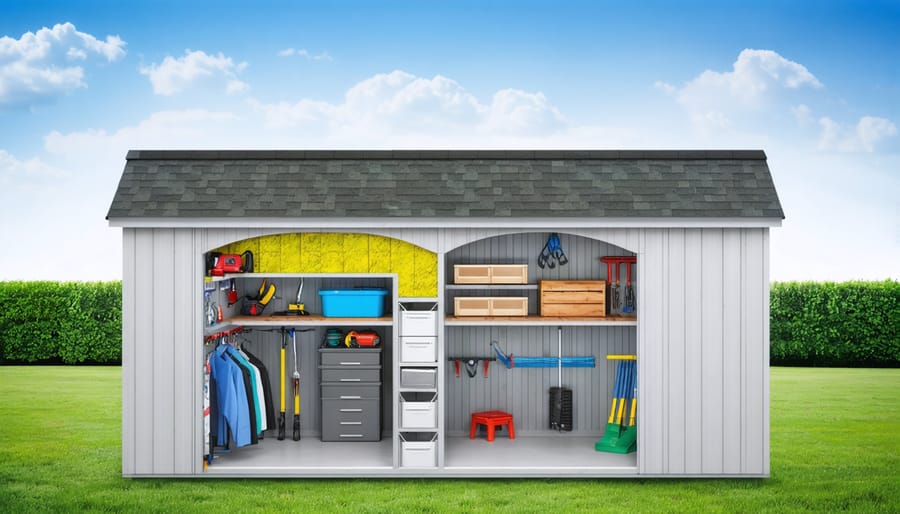 Cross-sectional illustration of a well-ventilated storage shed, demonstrating airflow patterns through ridge, gable, and soffit vents, illustrating the preservation of tools and heirlooms.