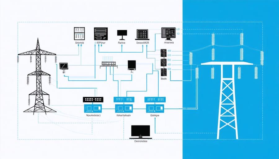 Infographic illustrating how solar panels, batteries, and smart meters connect in a shed-based smart grid system