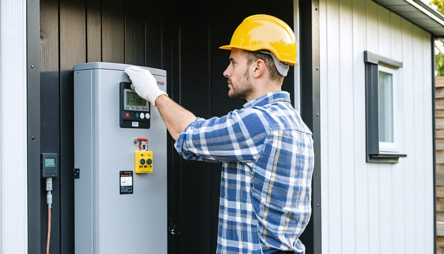 Installation technician mounting smart meter and connecting battery storage system in storage shed