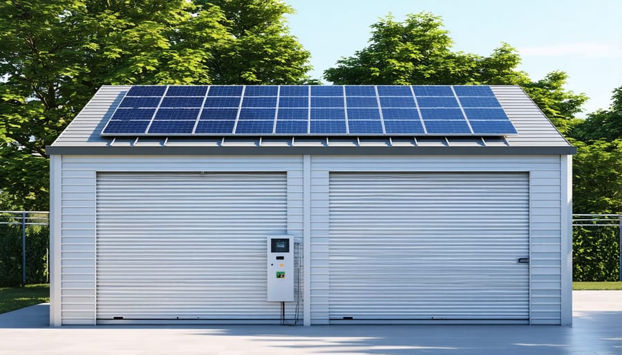 Storage shed with solar panels installed on the roof and digital smart meter visible
