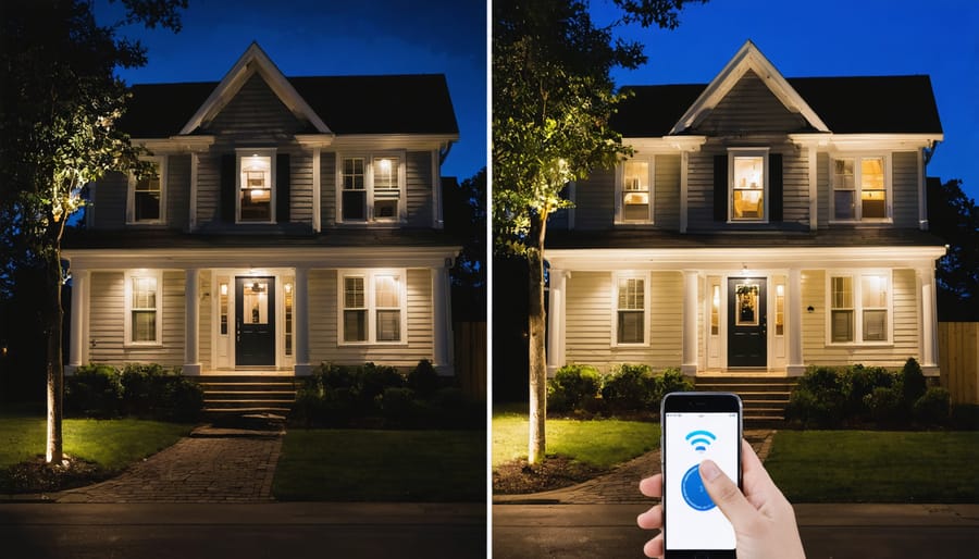 Split-screen image comparing traditional and smart outdoor lighting, highlighting improved energy efficiency and security with smart systems.