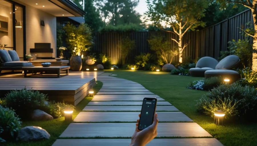 A well-designed outdoor space at dusk showcasing strategic LED lighting, motion sensors, and smart control technologies, enhancing both security and ambiance.