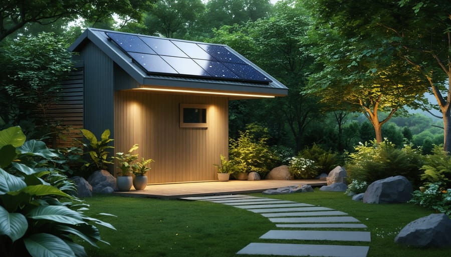 "A shed illuminated by solar-powered LED lights with solar panels visible on the roof, surrounded by trees, demonstrating effective eco-friendly outdoor lighting solutions."