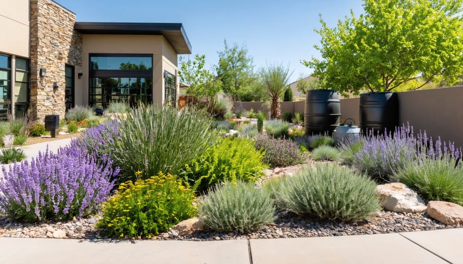 A scenic water-efficient landscape featuring drought-resistant plants such as lavender and yucca alongside a modern drip irrigation system; rain barrels and a bioswale add functional eco-friendly elements to the garden design.
