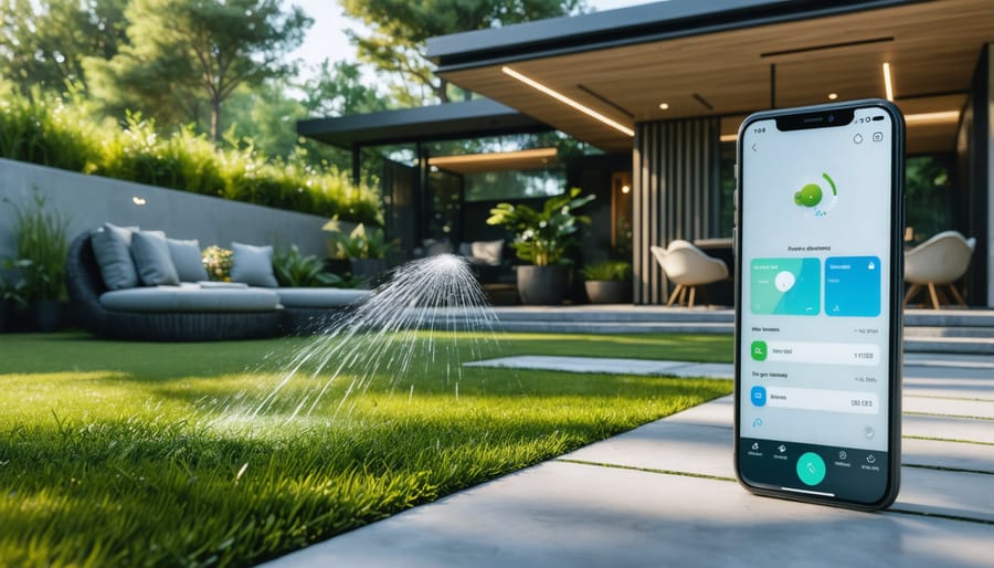 A modern backyard equipped with smart technology features like automated sprinklers, sensor lighting, robotic lawn mowers, and smartphone integration, illustrating a seamless blend of technology and nature.