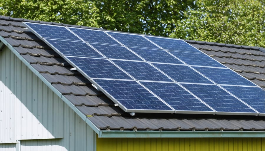 Shed roof featuring solar panel installation and rain gutters for water harvesting