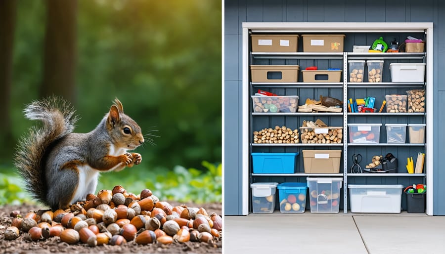 Split-screen showing a squirrel storing acorns next to a well-organized garage storage system illustrating natural and modern storage solutions.
