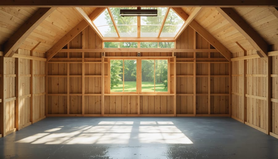 Eco-friendly shed interior with natural lighting and sustainable materials