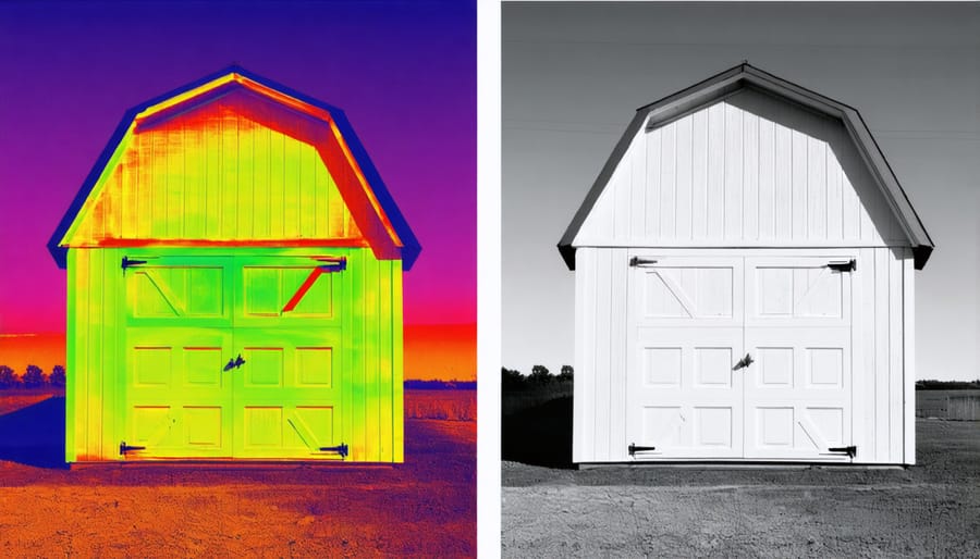 Split thermal image showing heat loss in uninsulated shed compared to insulated shed
