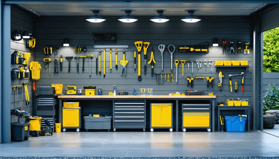 An outdoor workshop showcasing the transformation with modern LED lighting, featuring bright floodlights and task lighting over a workbench, creating a productive and well-lit space.