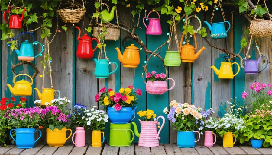 A garden filled with repurposed household items like colorful teapots and old colanders used as planters, mason jar fairy lights, and rustic twig borders, creating a whimsical outdoor space.