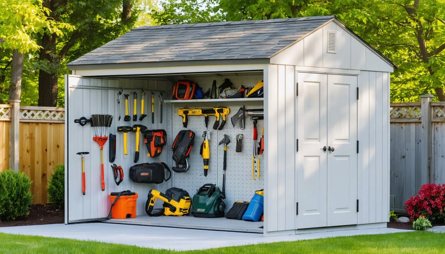 Conceptual illustration of an 8x8 storage shed showcasing shelving, tool organization, and overhead storage solutions in a backyard.