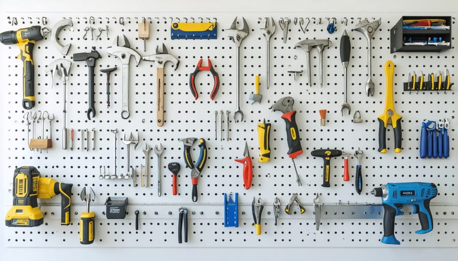 Organized garden shed wall with tools neatly arranged on pegboard storage system