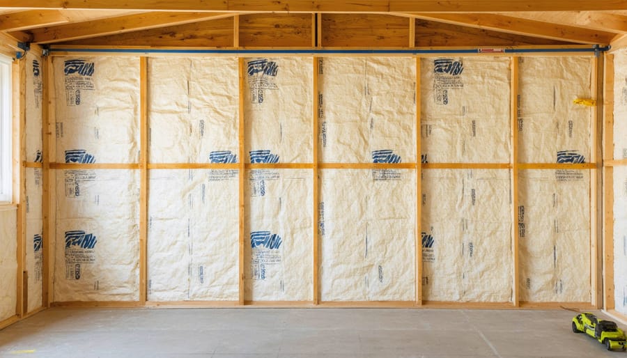Worker installing insulation between shed wall studs with vapor barrier