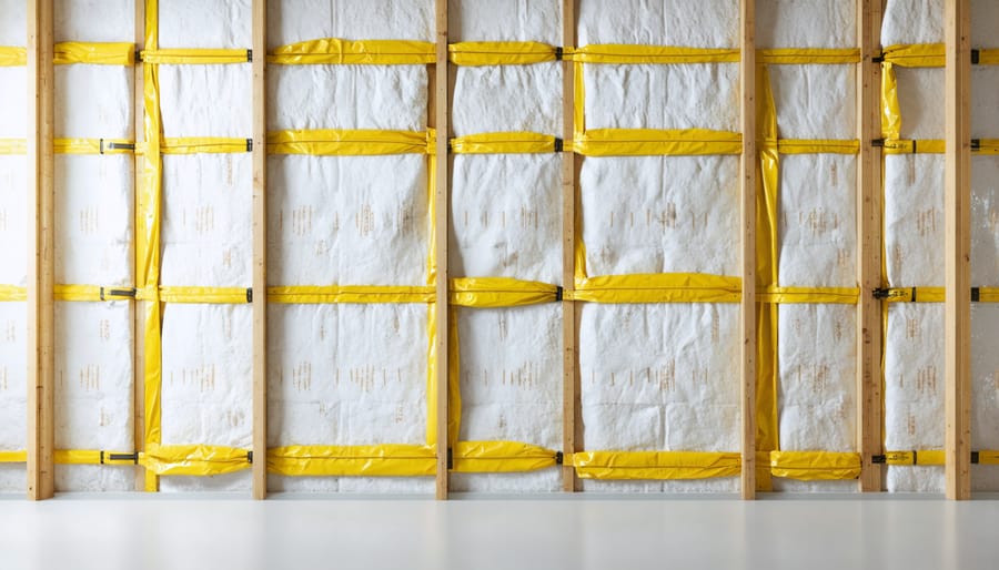 Installation process of shed wall insulation showing layers of insulation and vapor barrier