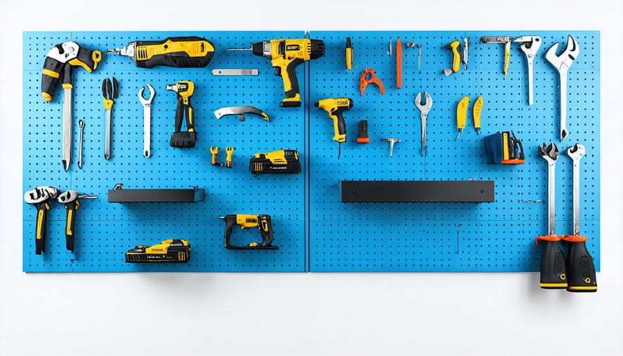 Organized tool wall with various storage solutions including pegboards and hooks