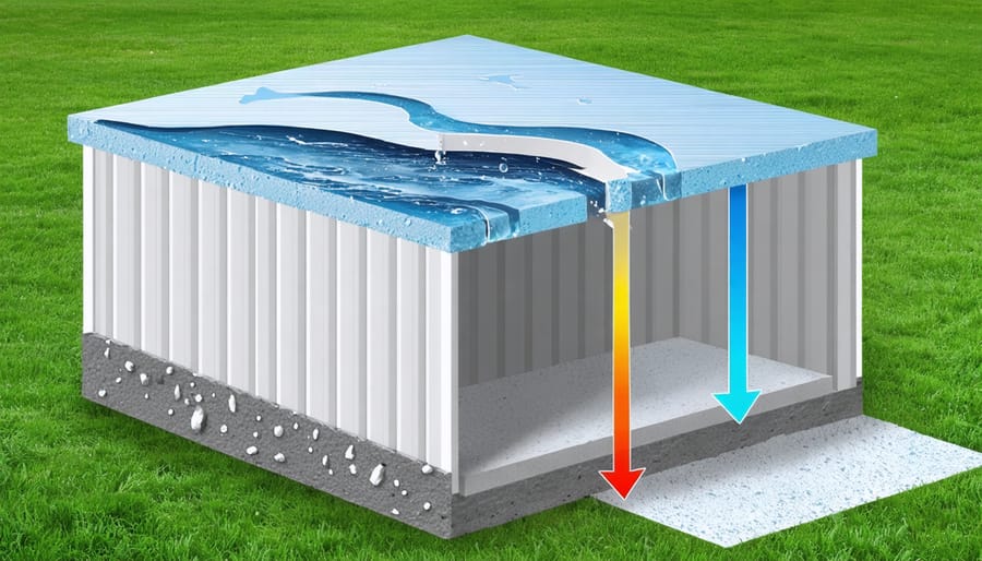 Conceptual illustration of a waterproof 4x4 shed base emphasizing drainage solutions, material layers, and construction techniques to prevent water damage.