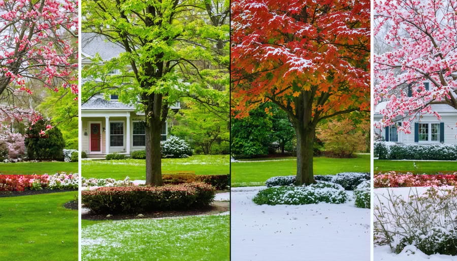 A four-season garden transformation captured in a split-frame collage, showcasing colorful spring blooms, lush summer greenery, vibrant autumn foliage, and a serene snow-covered winter scene.