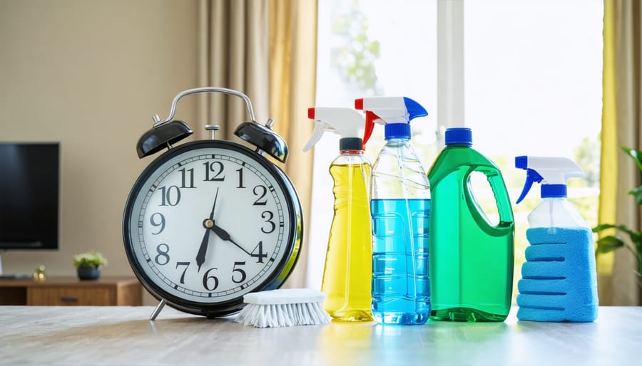Conceptual image depicting the balance of post-pest control cleaning with treatment preservation, featuring cleaning supplies and a clock.
