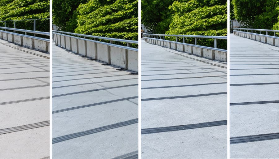 Sequential photos showing foundation preparation, frame assembly, and composite board installation