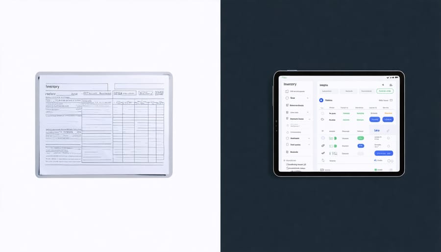 Side-by-side comparison of traditional paper inventory sheet and digital inventory management app