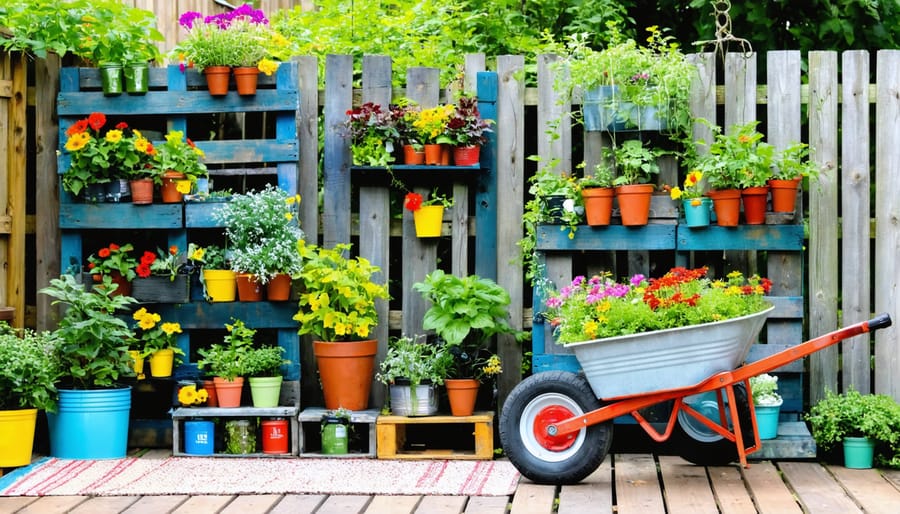 A creative outdoor space featuring vertical gardens from upcycled pallets, tin can planters, and a flower-filled wheelbarrow, demonstrating budget-friendly and sustainable gardening ideas.