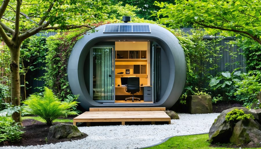 A sustainable outdoor office pod with solar panels and a green roof, surrounded by lush native plants and a rainwater collection system, illustrating an eco-friendly workspace.