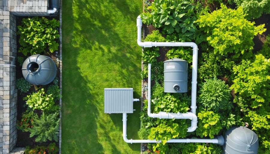 An aerial view of a backyard with a rainwater collection system, including rain barrels, underground storage tanks, and a thriving green garden under sunlight, symbolizing sustainable practices.