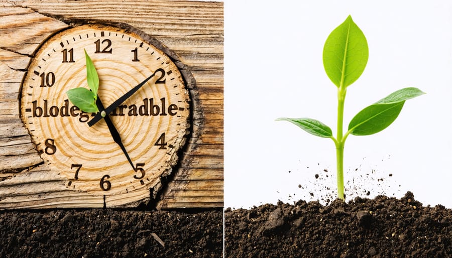 Illustration showing the contrast between biodegradable and compostable materials with a wooden plank breaking down slowly and a plant-based package decomposing into nutrient-rich soil with green shoots.