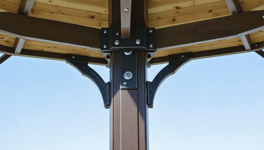 Detailed view of heavy-duty anchor plates and stakes securing gazebo legs to concrete foundation