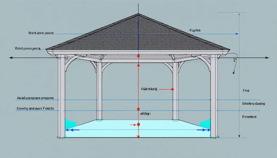 Technical illustration highlighting critical wind pressure zones on a gazebo with arrows indicating wind direction and force