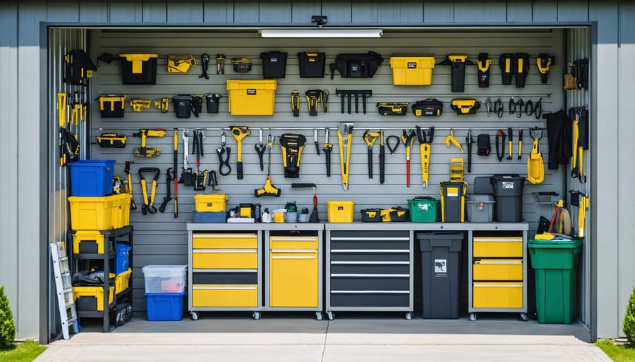 Organized garden shed with clear labels and storage zones demonstrating inventory management in action