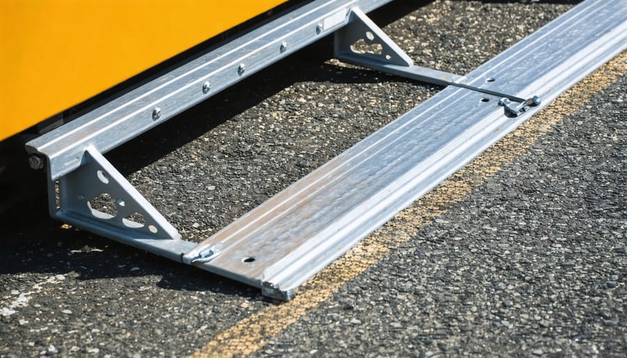 Detailed view of metal ramp installation hardware and mounting process