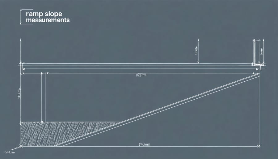 Illustrated diagram demonstrating how to calculate shed ramp slope with measurements and angles