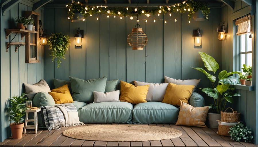 Interior view of a beautifully lit she shed showcasing various lighting fixtures and warm atmosphere