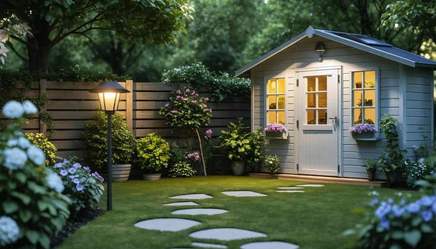 Evening view of she shed exterior with solar path lights and automated interior lighting
