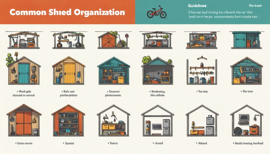 Visual diagram of shed organization categories including gardening tools, seasonal items, and maintenance equipment