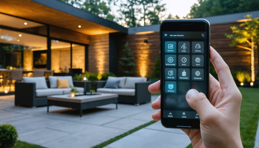 A modern backyard with smart lighting, showcasing a smartphone app interface overlay for controlling outdoor devices, symbolizing automation and convenience in outdoor living.